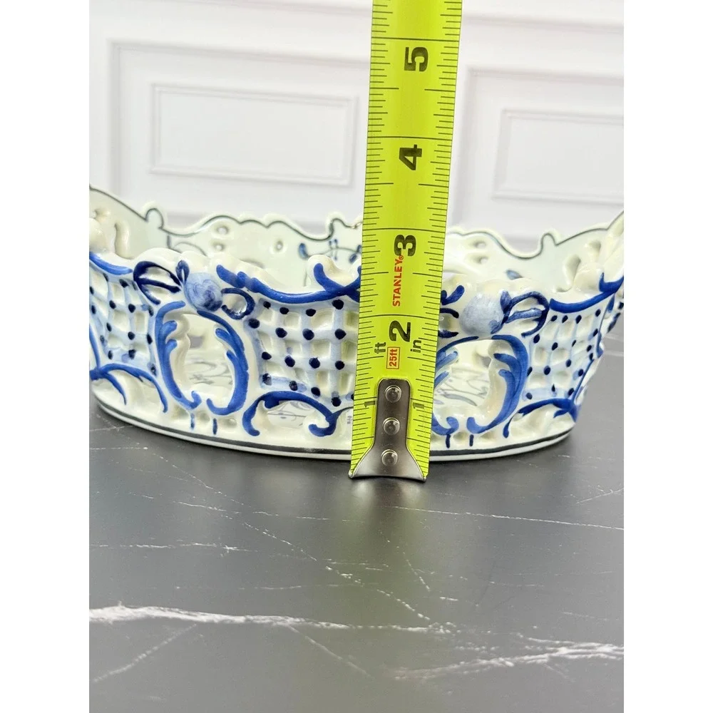 VTG Outeiro Agueda Hand Painted Reticulated Porcelain Blue White Basket 8